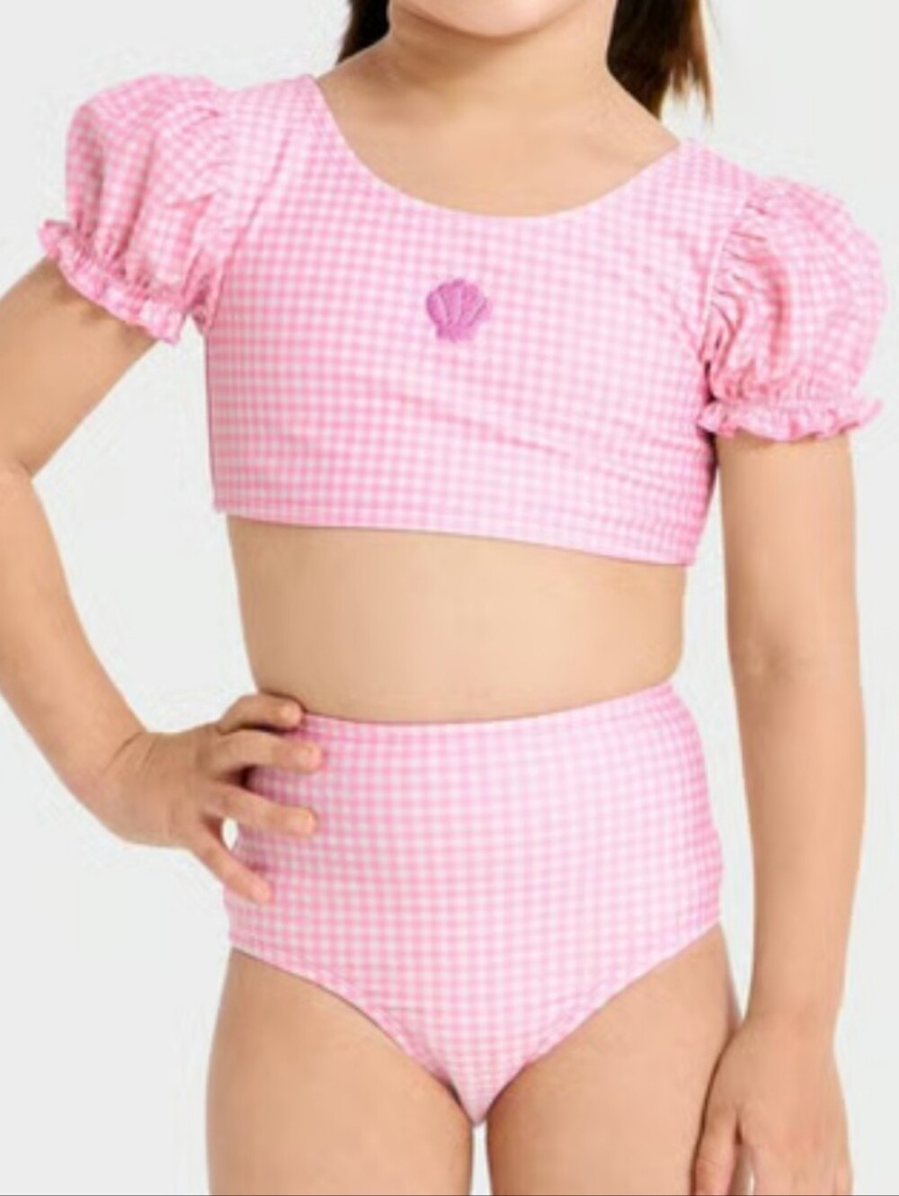 Cat & Jack Toddler Girls Gingham Seashell Puff Sleeve Bikini Set Pink 5T